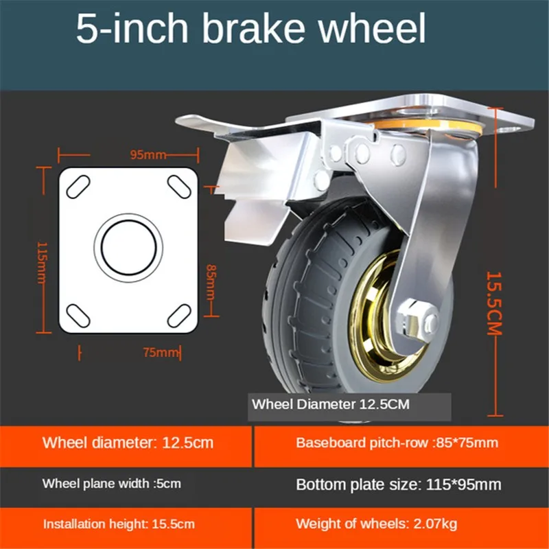 

1 Pcs 5-Inch-Braked Wheel Heavy Duty Caster Mute Rubber Flat Trolley Shock Absorption With Brake