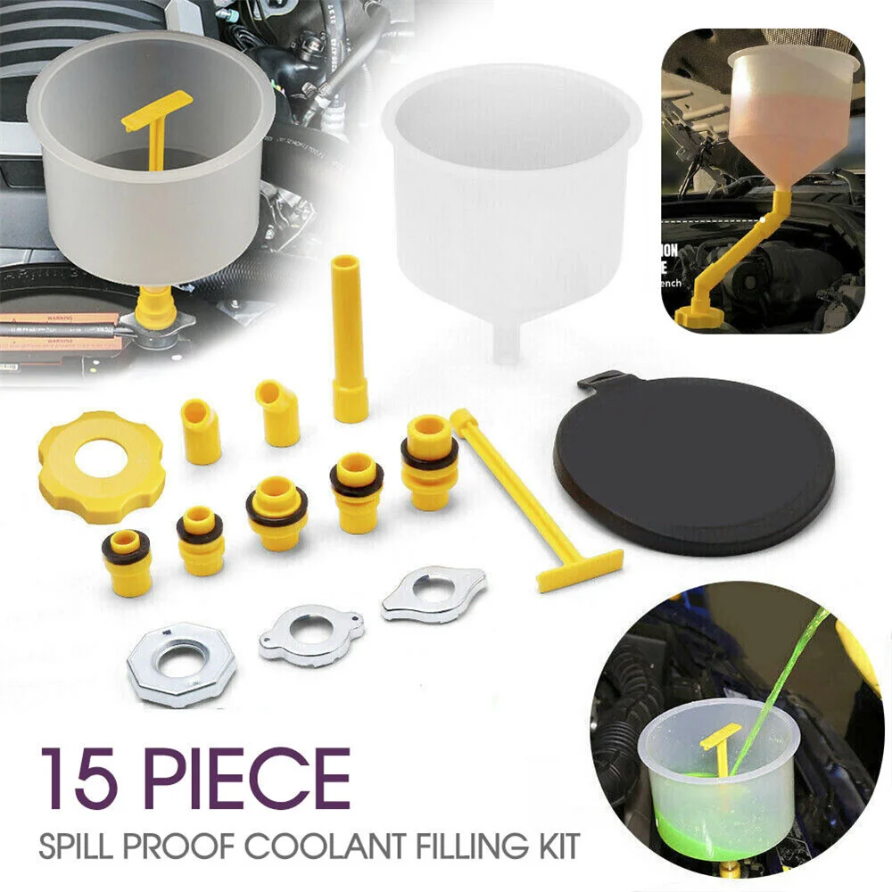 15Pcs Coolant Funnel Kit Car Radiator Coolant Filling Funnel Kit Spill Proof Car Water Cooling System Refill Gas Oil Liquid Tool