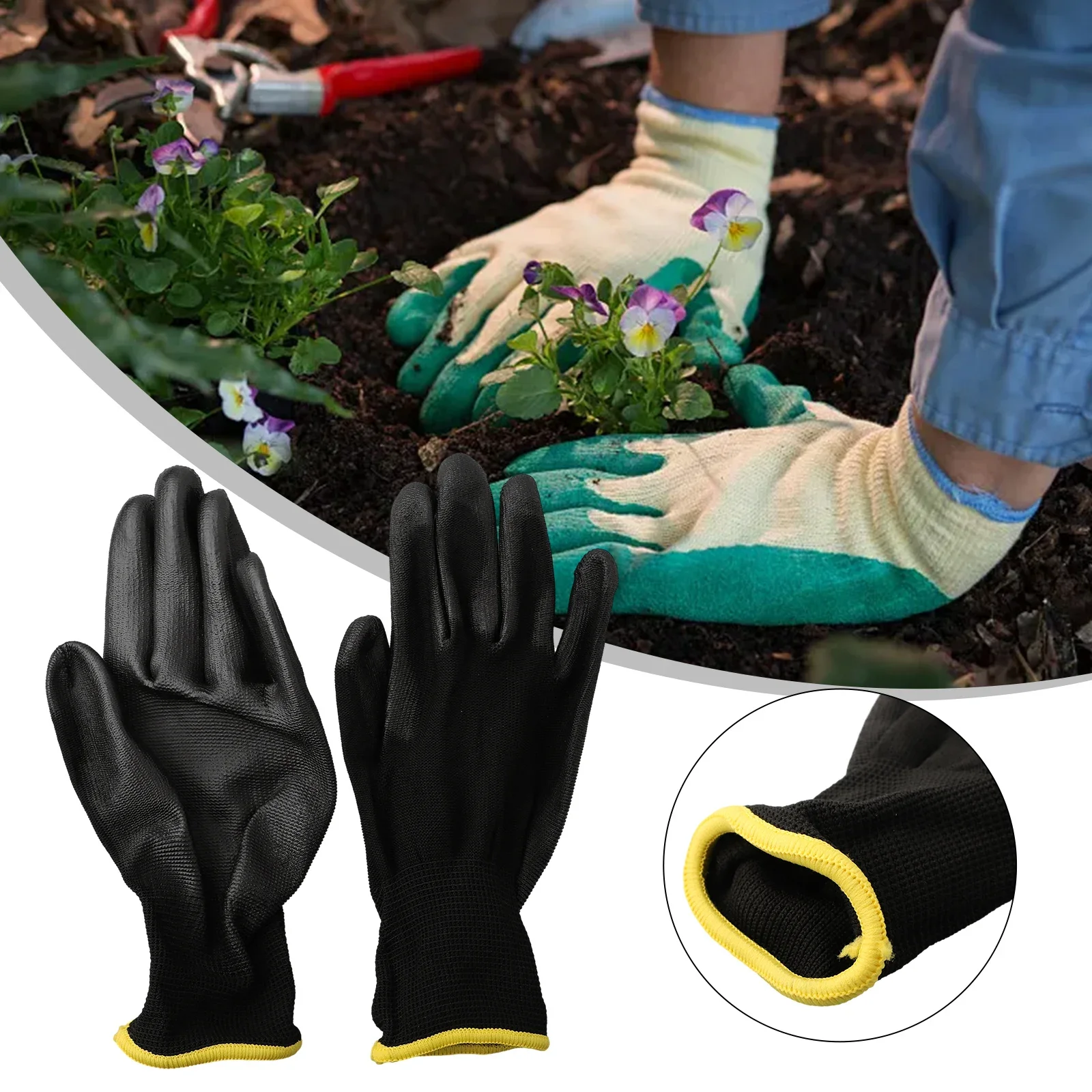 Hand Protect Work Gloves Knit Cuffs Nylon S/M/L Safety 12 Pairs Antiskid Black Dust-proof Flexible Carpenters Gardening Supplies