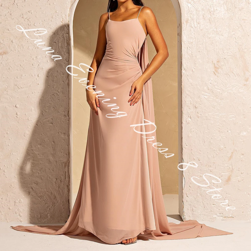 Maßgeschneidertes, anmutiges Chiffon-Abendkleid in A-Linie mit Spaghettiträgern, trägerlos, bodenlang, ärmellos, Partykleid mit Watteau-Schleppe