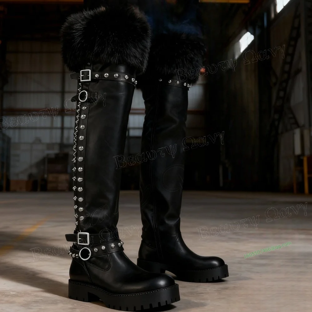 

Black Fur Decor Men's Knight's Boots Rivet Decor Matte Leather Round Toe Knee High Shoes for Men Shoes Zapatos Para Hombres