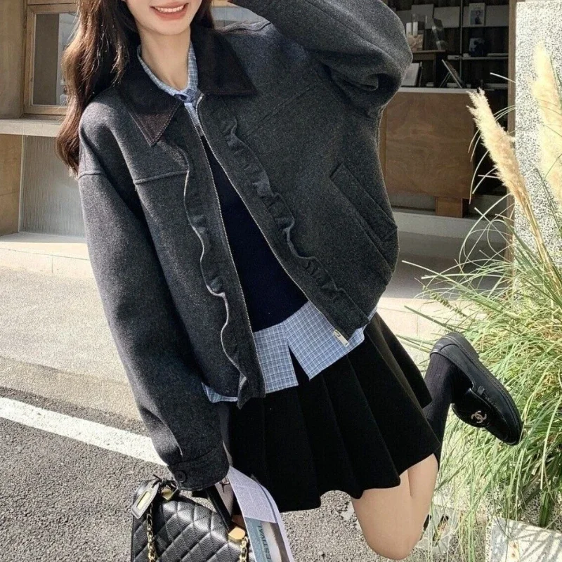 

Серая шерстяная куртка в стиле ретро с грибковым краем 2026, модная свободная повседневная шерстяная куртка