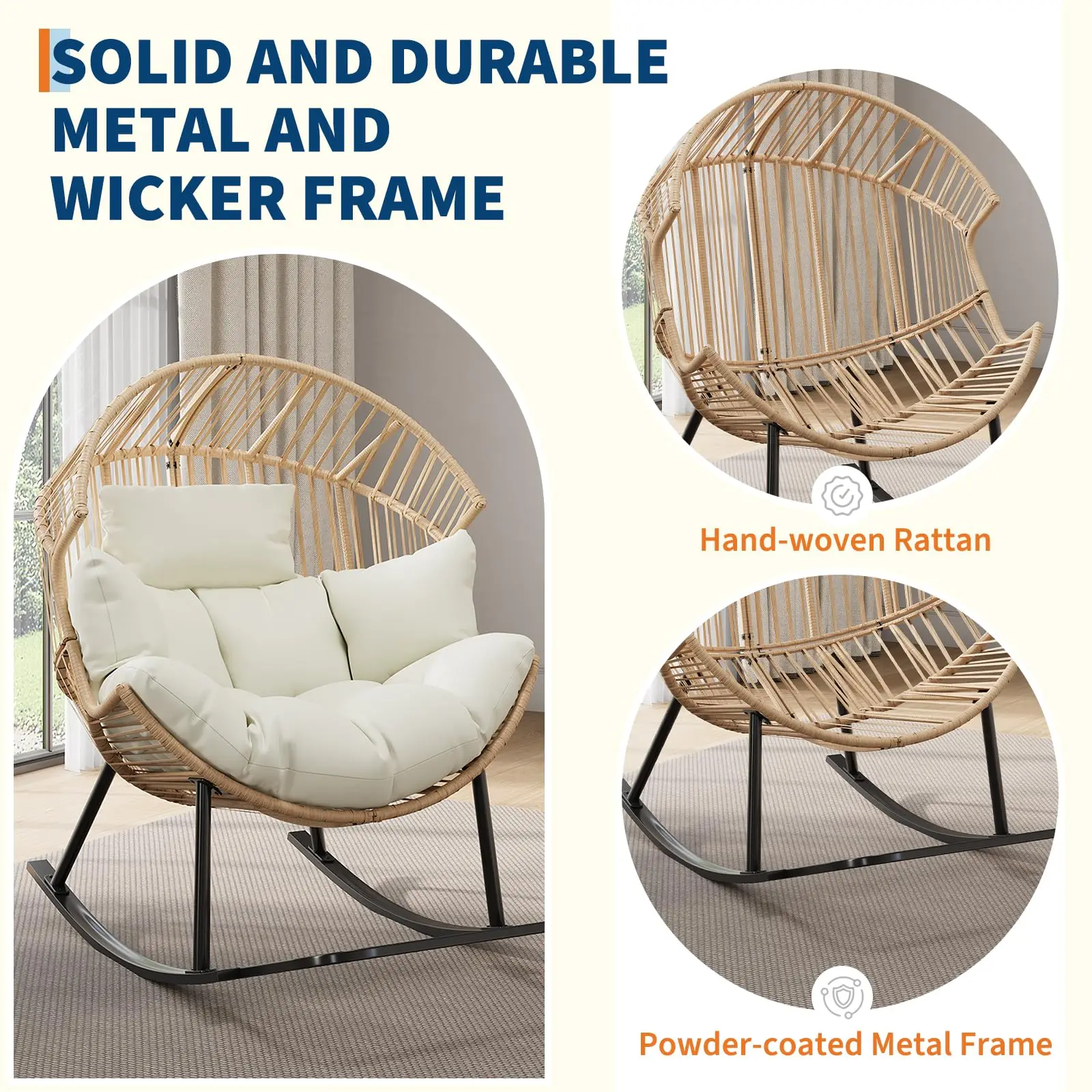 Oversized Ergonomic Wicker Rocking Egg Chair Natural Rattan Lounge Rocker With Extra Soft Pillow And Thick Cream Cushion For Indoor Outdoor Living Room Backyard Garden - view 5