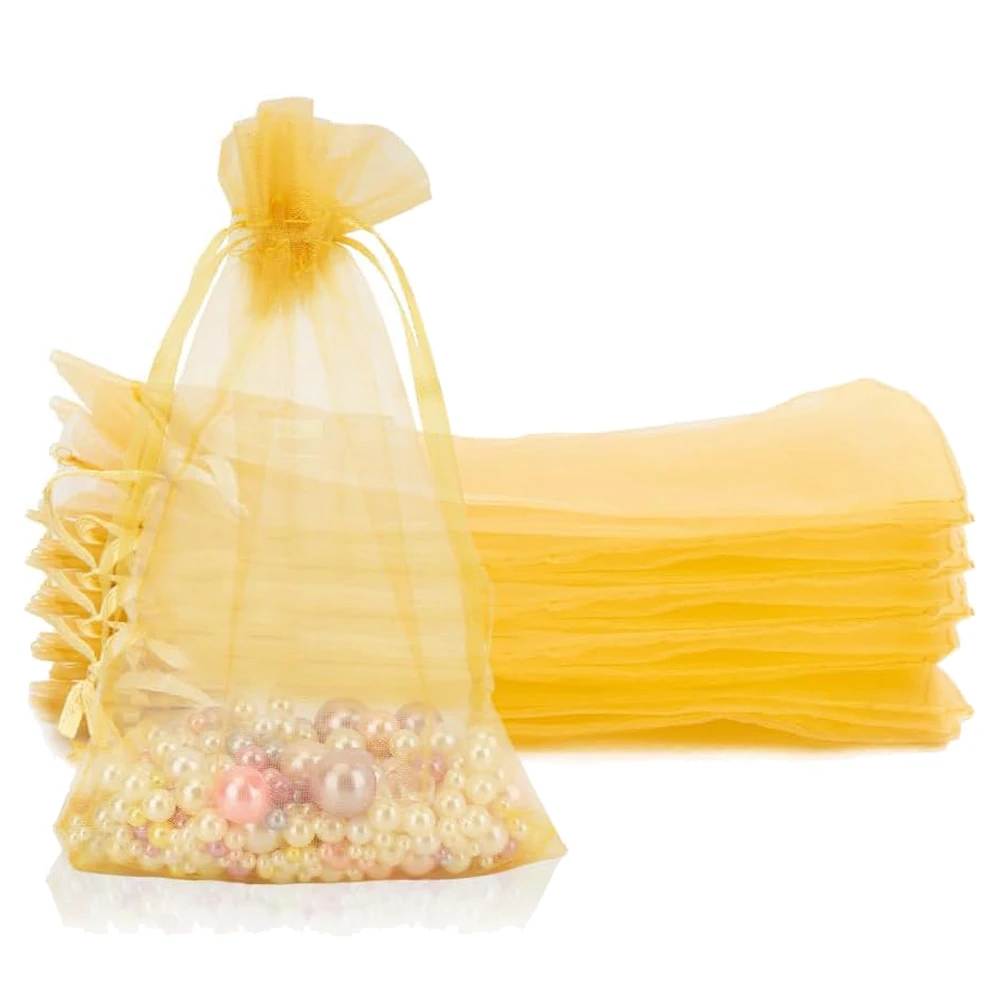 ถุงออร์แกนซ่าสีทอง 50 ชิ้น ขนาด 10x15 ซม. ถุงผ้าซาตินรูดเชือก ถุงออร์แกนซ่าสำหรับงานแต่งงาน ของชำร่วย ถุงใส่ของขวัญ ถุงใส่เครื่องประดับ นาฬิกา อุปกรณ์บรรจุภัณฑ์