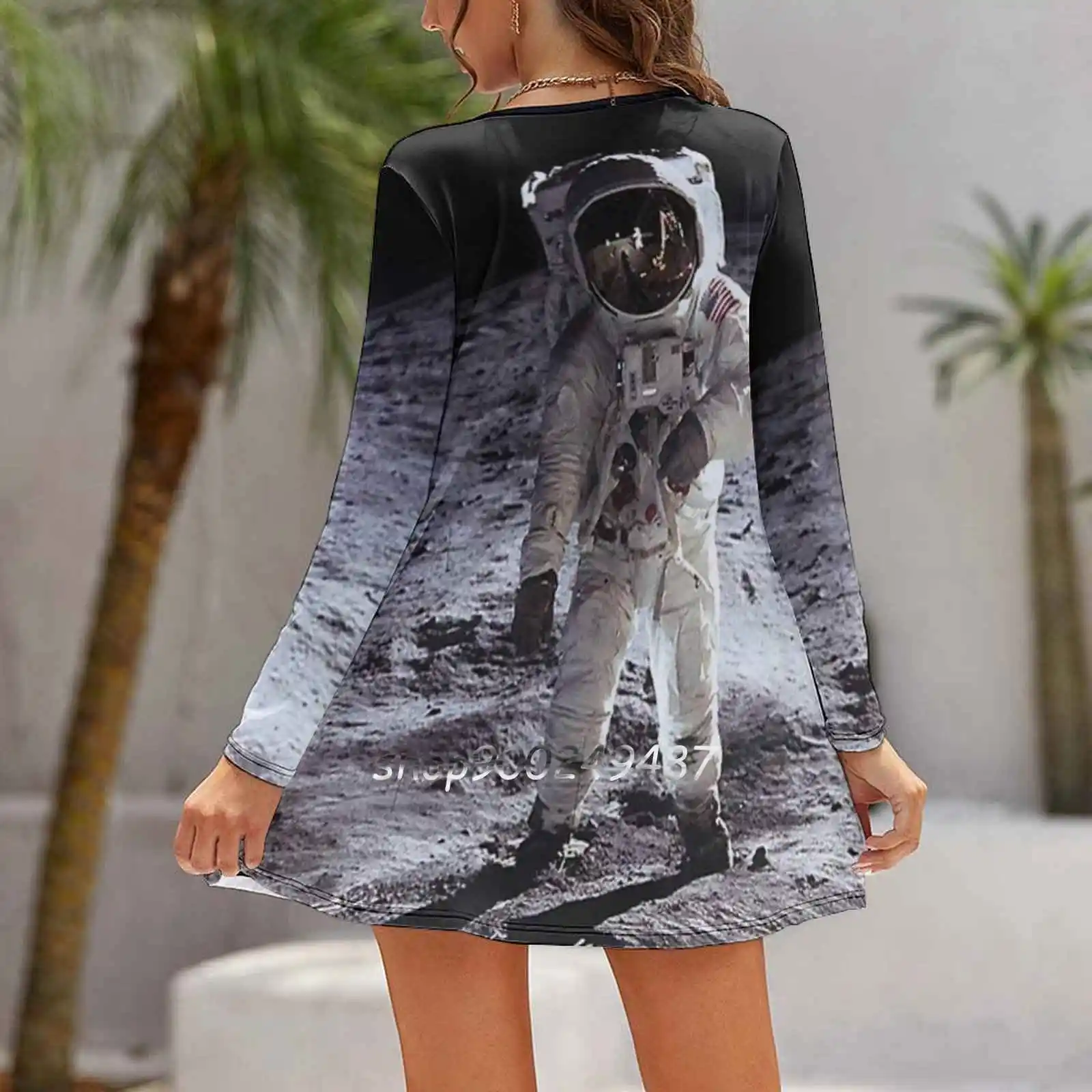 Buzz Aldrin On The Moon Women Spring Autumn Long Sleeve Dress Female Casual Dress Space Moon Astronaut Apollo Buzz Aldrin Neil