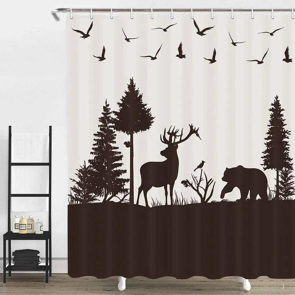 Cabin Brown Beige Shower Curtain Bear Deer Wild Life Animal Birds in Forest Hunting Theme Fabic Bathroom Curtains with Hooks