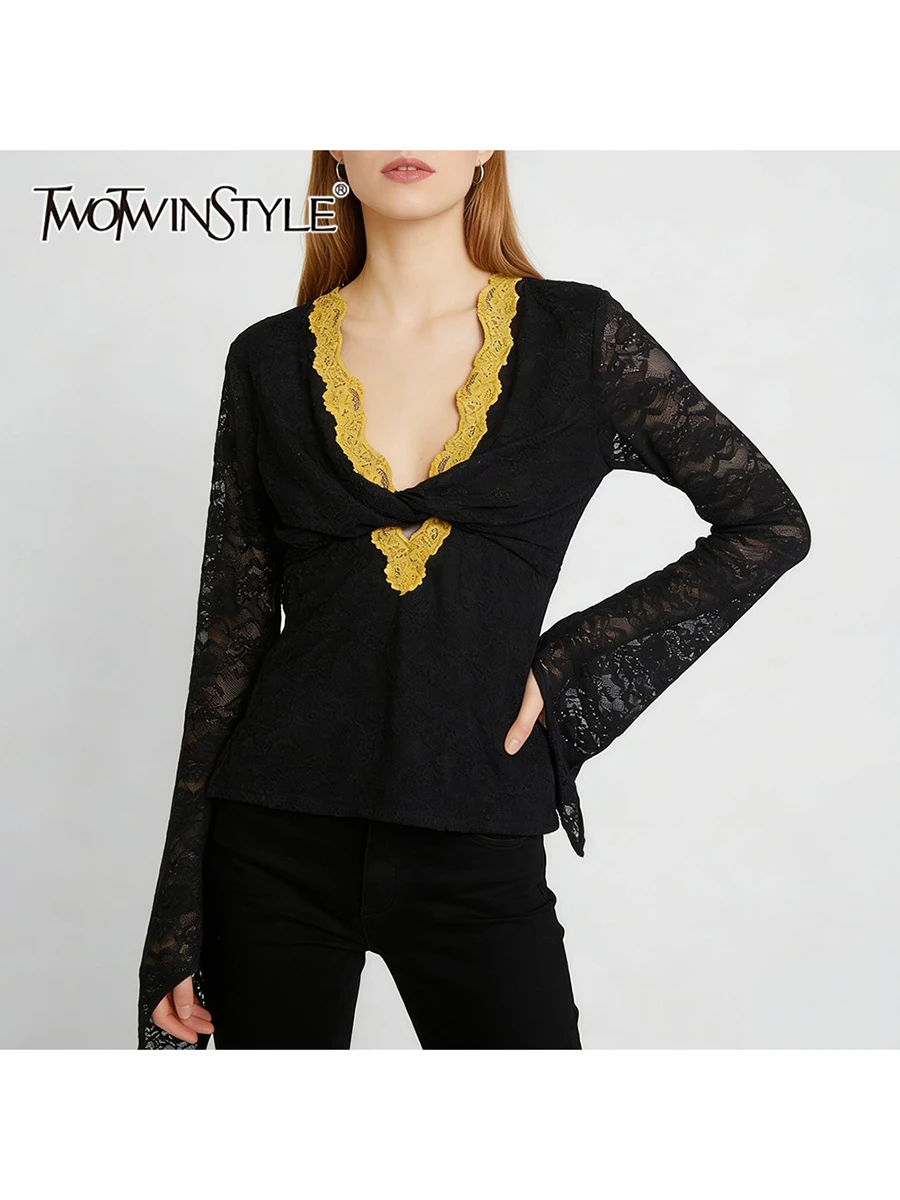 

TWOTWINSTYLE Hit Color Sheer Spliced Lace Sexy T Shirts for Women V Neck Long Sleeves Patchwork Folds Fashion T Shirt Female New