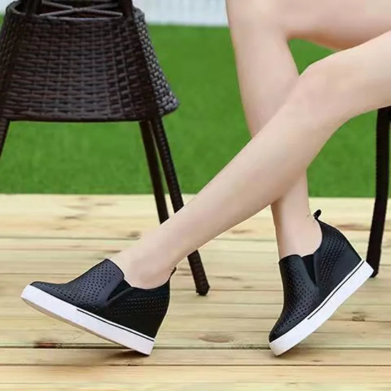 Comemore Height Sneakers Women Summer Shoes Platform Wedge White Mesh Breathable Vulcanize Shoes Slip on Solid Ladies Tennis