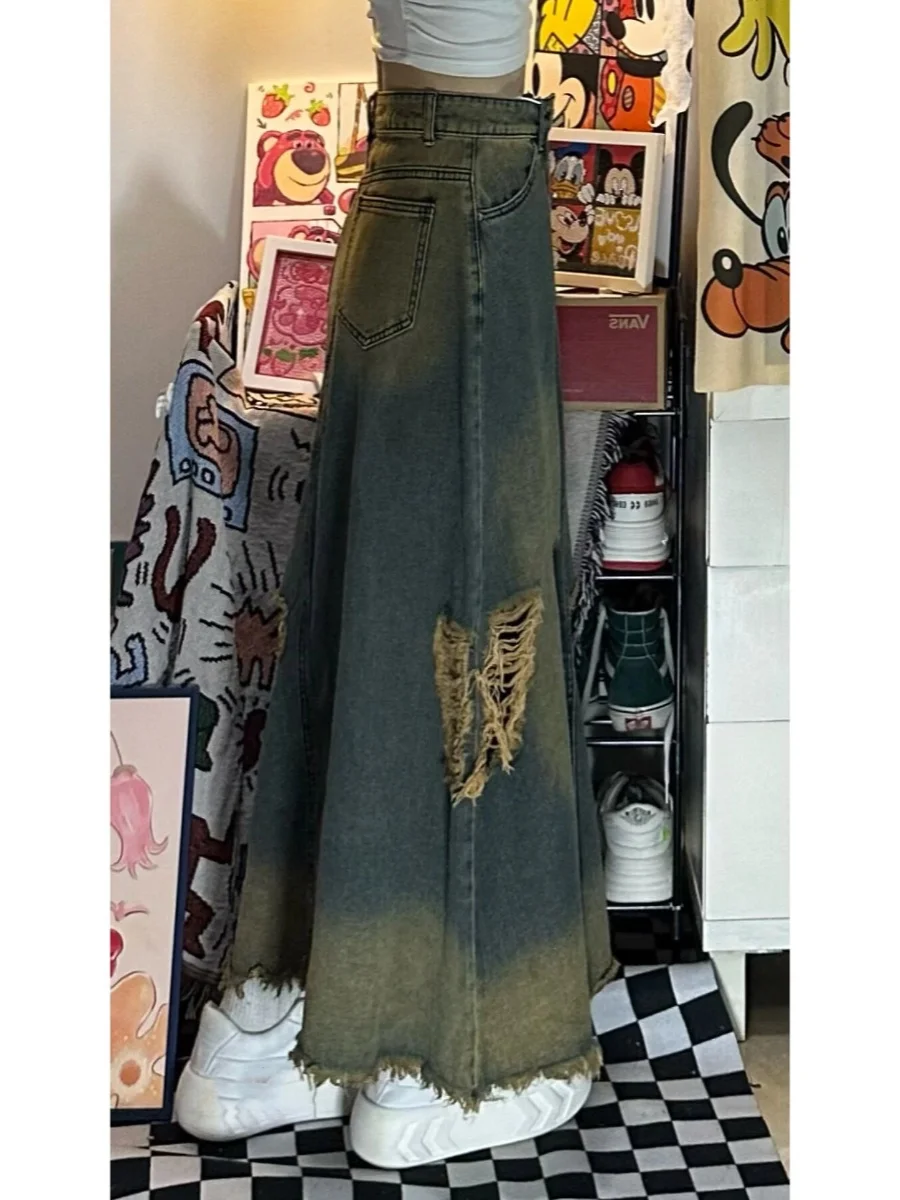 

Women Denim Long Skirt Harajuku Y2k 2000s Vintage Skirts 90s Aesthetic Streetwear Fashion Korean Style A-Line Jean Skirt Clothes