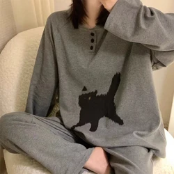 Women Pajamas Set Fashion Cat Printed Sleepwear Long-Sleeved Headset Loose Homewear Nightwear Women's Simple Casual Suits