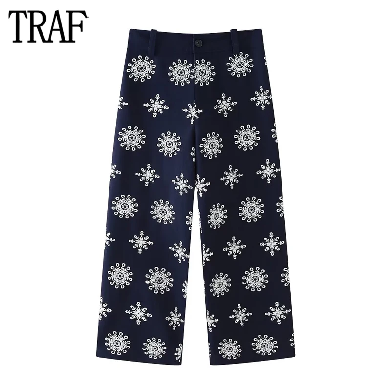 TRAF 2024 Embroidery Wide Pants Women High Waist Baggy Pants Woman Summer Boho Beach Pants for Women Streetwear Woman Trousers