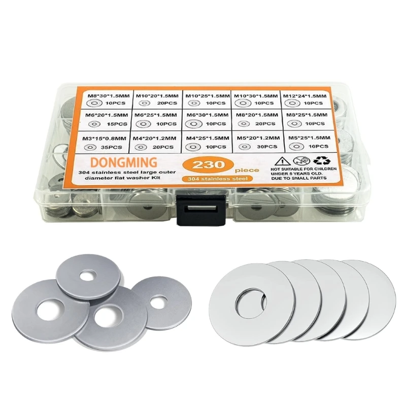 230PCS 304 Stainless Steel Flat Washers Various Size M3M4M5M6M8M10M12 Metal Washer for Multiple Use