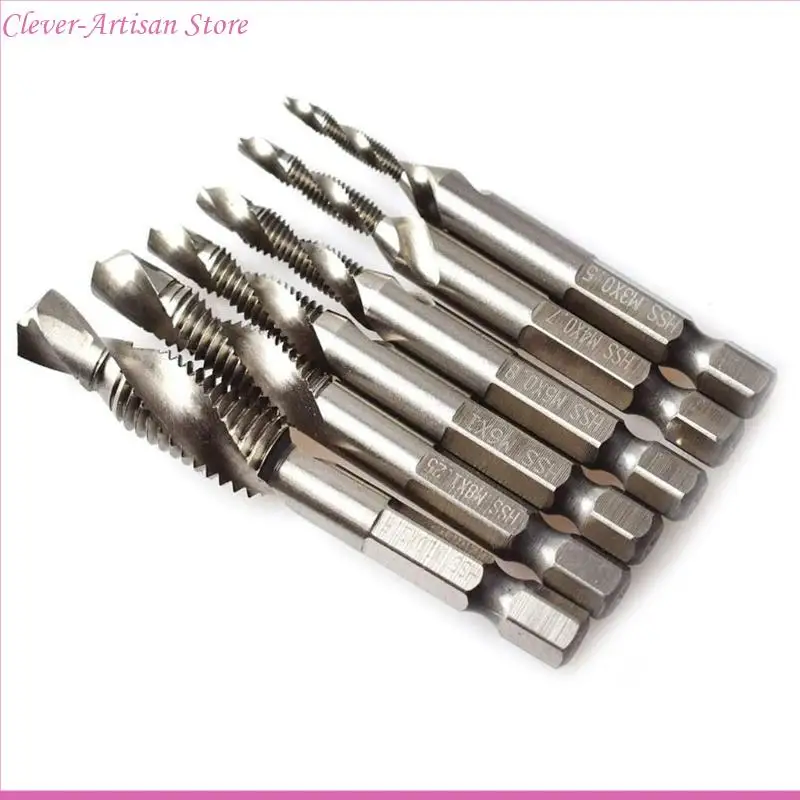 E06B 6pcs M3-M10 Tornillo tornillo Bits HSS Taps Counterink Desburr Set Metric Combination Bit 1/4 pulgadas Cambio rápido