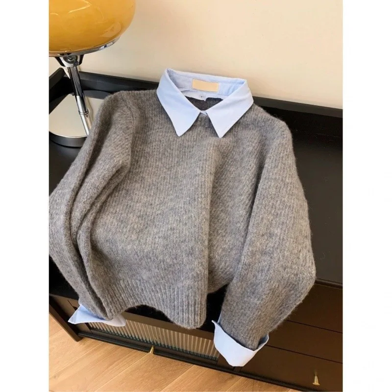 

Fake Two Shirts Collar Sweater Women's Autumn Outfit New Lazy Linterior Contrasting Color Gray Knit Sweater Top With Flip Collar