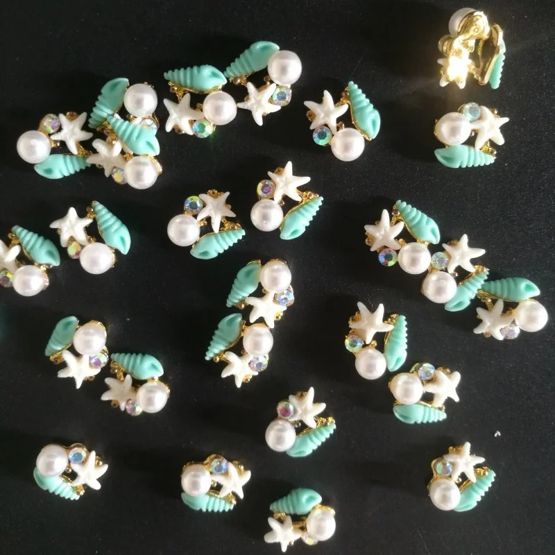 10Pcs Blue Starfish/Conch 3D Nail Charms With White Pearl Alloy Starfish Nail Art Decor For Holiday Beach DIY Nail Rhinestone &*