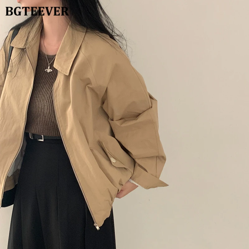 BGTEEVER Casual Loose Pockets Female Zipper Up Basic Jackets Autumn Fashion Lapel Full Sleeve Women Solid Coats Ladies Outwear