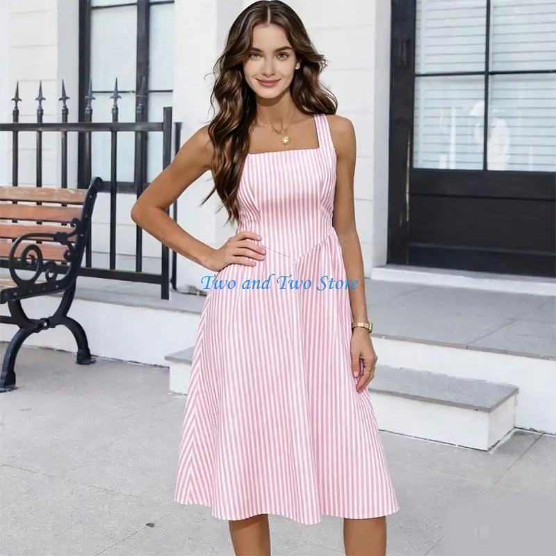 

HX6F Breathable Cotton Blend Sleeveless Square Neck Striped Long Dress
