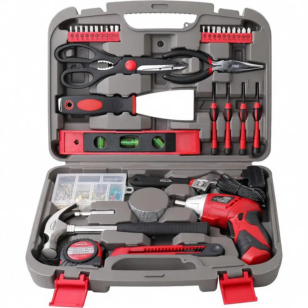 

135-Piece Household Tool Kit with 3.6V Dual-Angle Lithium-Ion Screwdriver - Essential Tools and Hanging Organizer - Red
