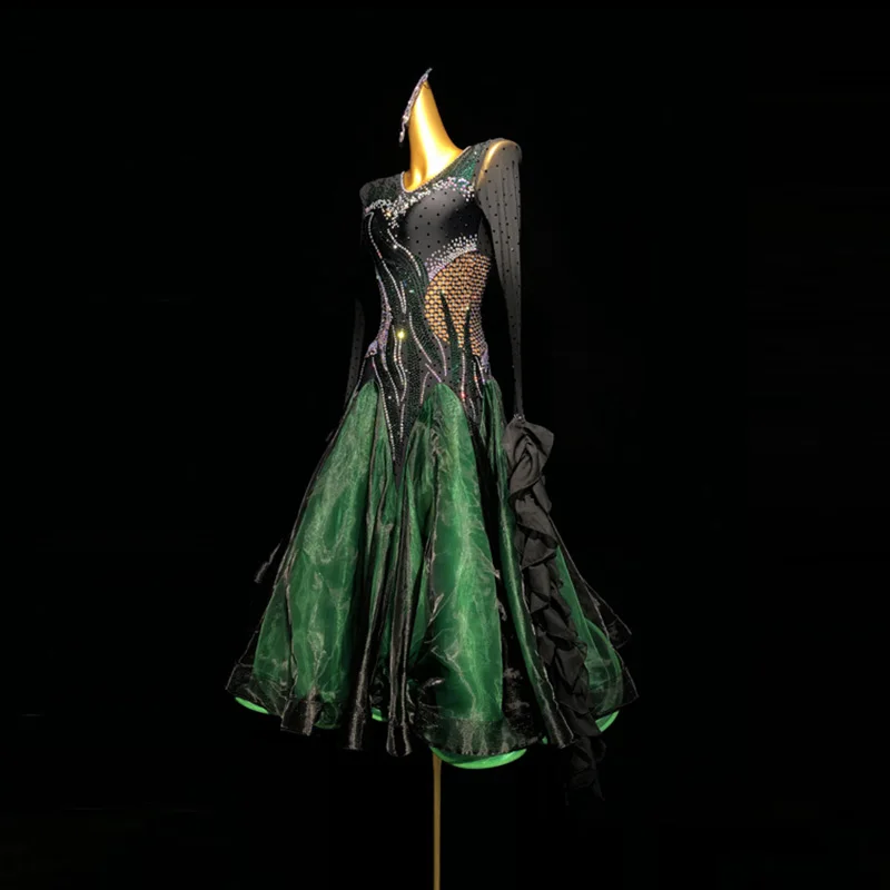 

Latin Dance Adult Children'S Dress AB Stone High-End Custom Black And Green Mesh Large Skirt Precisely Tango Women'S Clothing