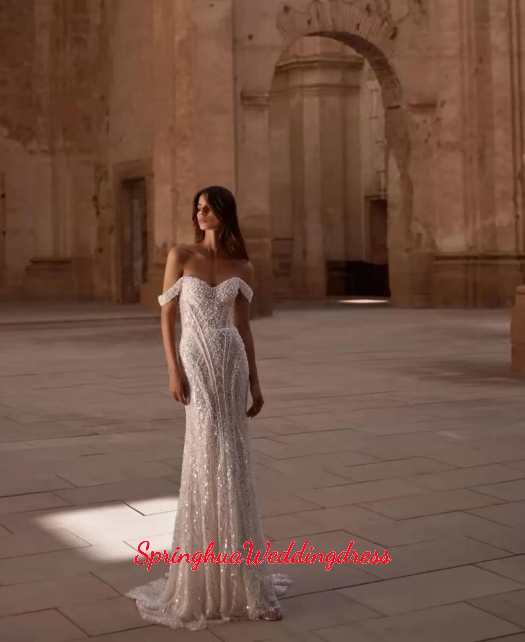 Vestido de novia personalizado con perlas, color marfil, vestido de lentejuelas impresionante para novia, elegante vestido de novia de lujo con cremallera en la espalda, Vestido De Novia