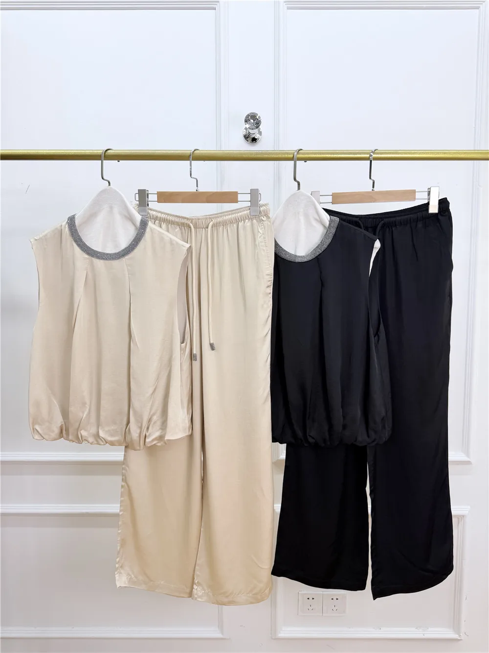 Summer Outfit Suit Sleeveless Beaded Tank Top With Matching Trousers 2 pieces Set For Woman