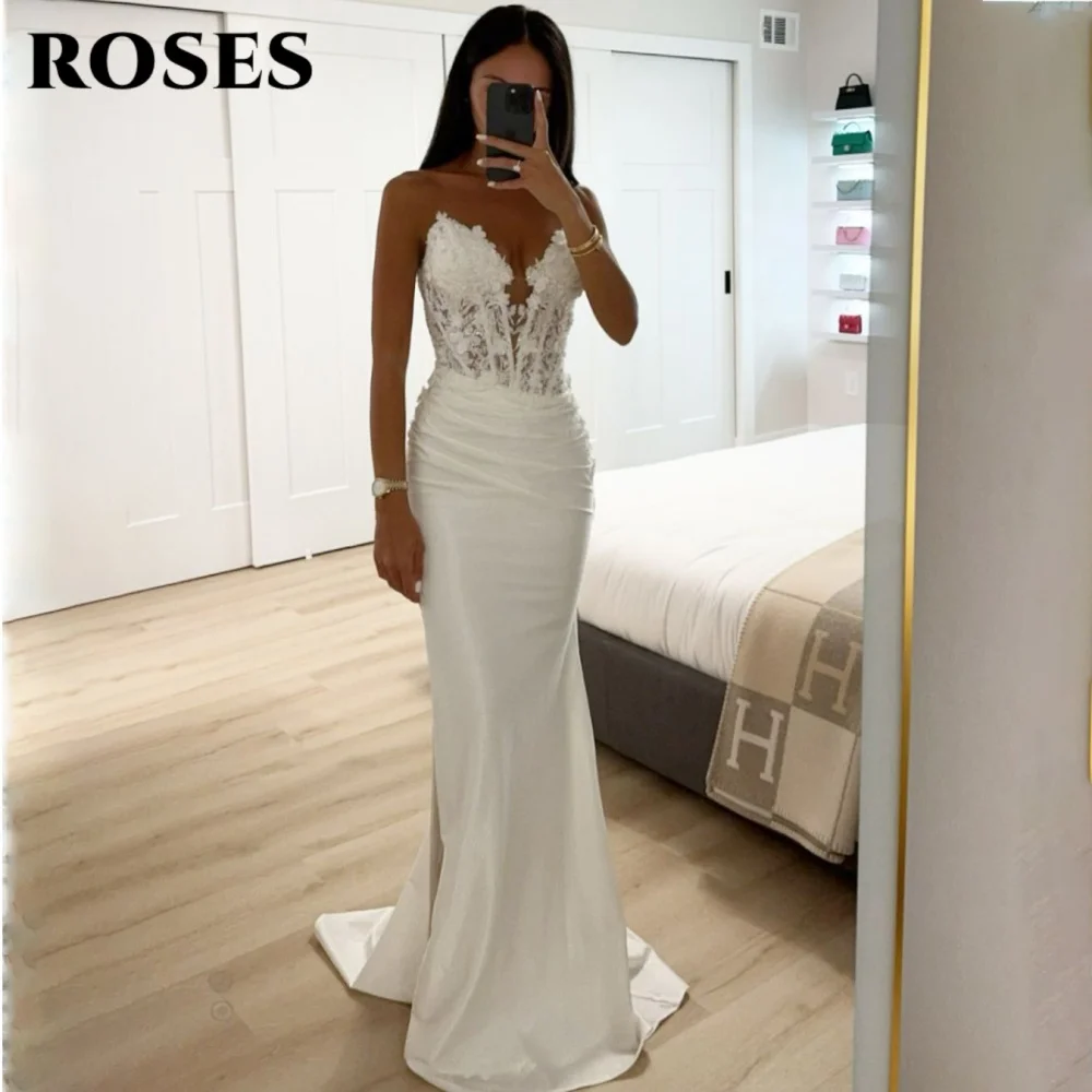 

ROSES White Sexy Prom Dress Deep V-Neck Backless Evening Gown with Fishbone Satin Applique Side Split Formal Dresses Customized