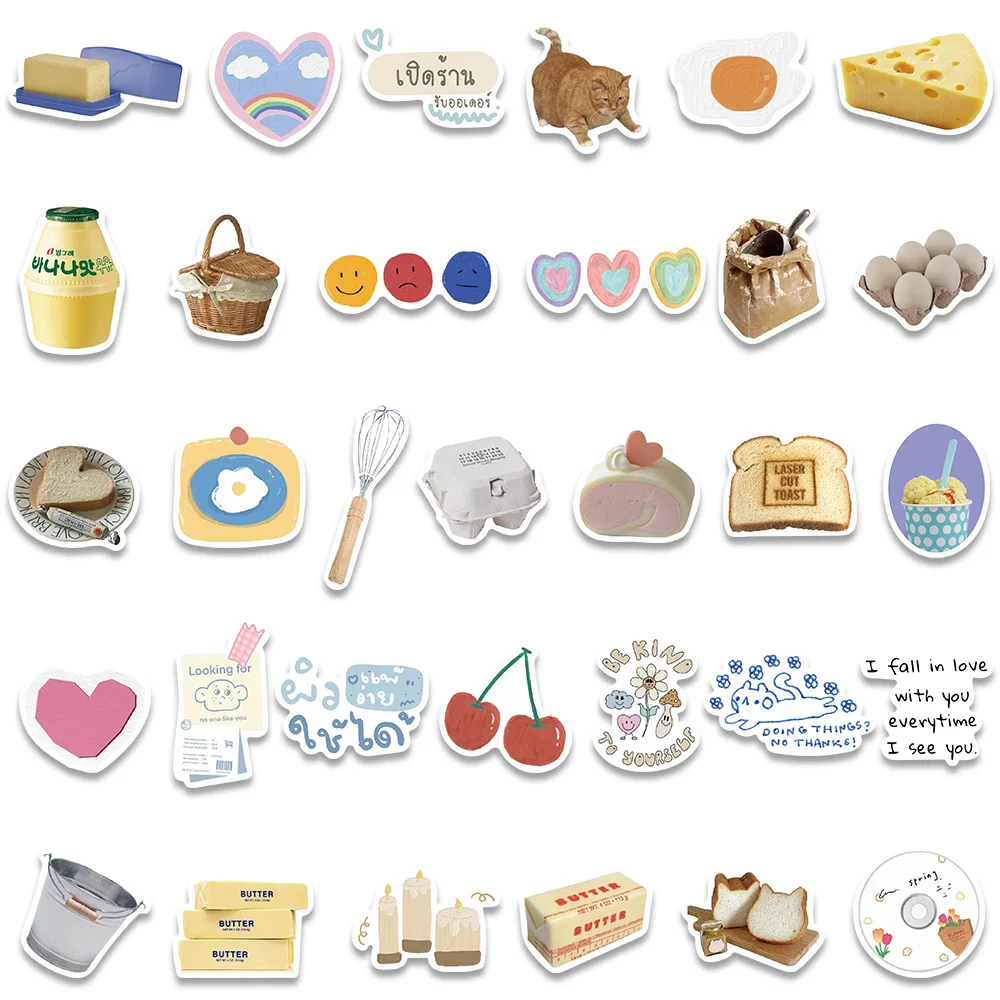 63PCS Kawaii Butter Bread Cake ins Snack Food Stickers Skateboard Fridge Phone Guitar Motorcycle Luggage Decal Sticker Toy