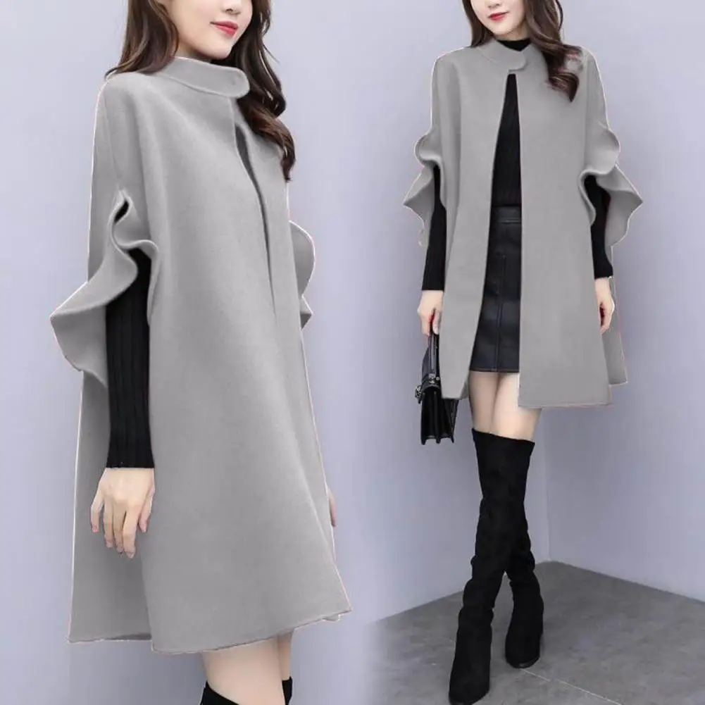 Women Winter Coat Ruffle Formal Elegant Big Hem Midi Length Long Sleeves Cardigan Stand Collar Lady Cloak Coat for Dating