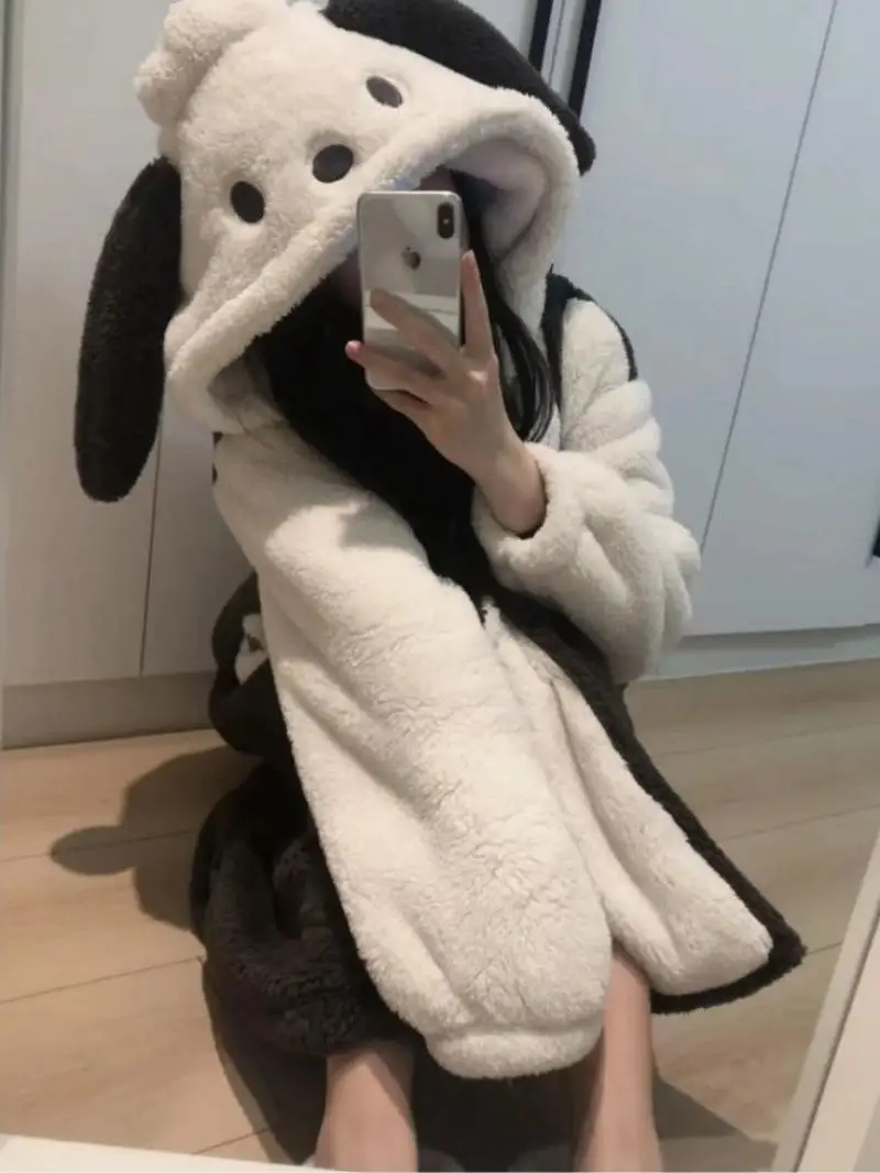 Sanrio Anime Winter New Pochacco One-Piece Nightgown Cute Cartoon Girl Plus Size Hooded Home Clothes Velvet Sleeping Bag Gift