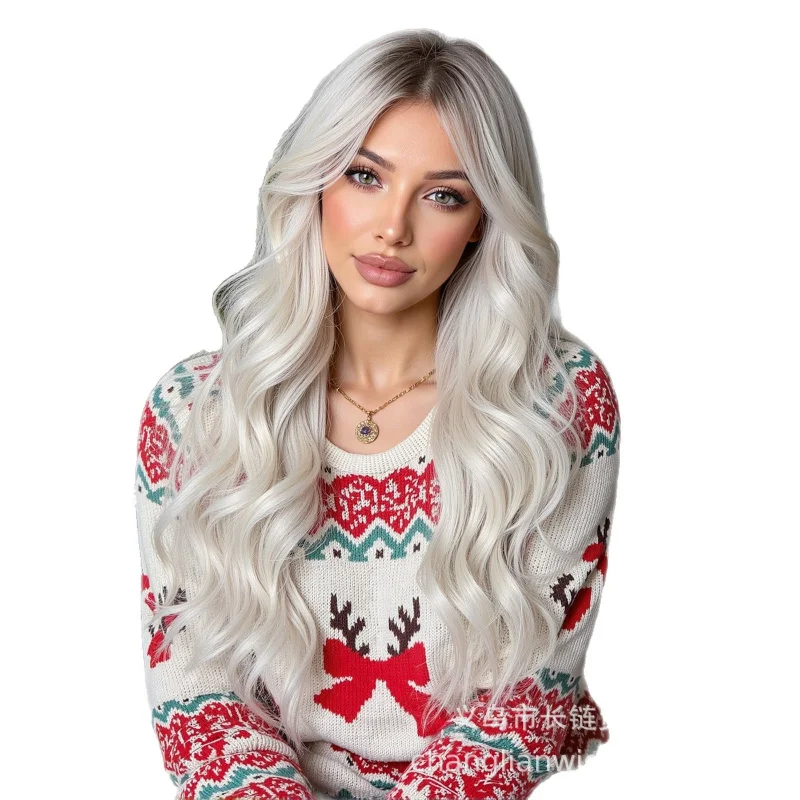 European and American Christmas wig, silver-white wavy long curly hair with bangs, high-temperature fiber full headpiece for wom