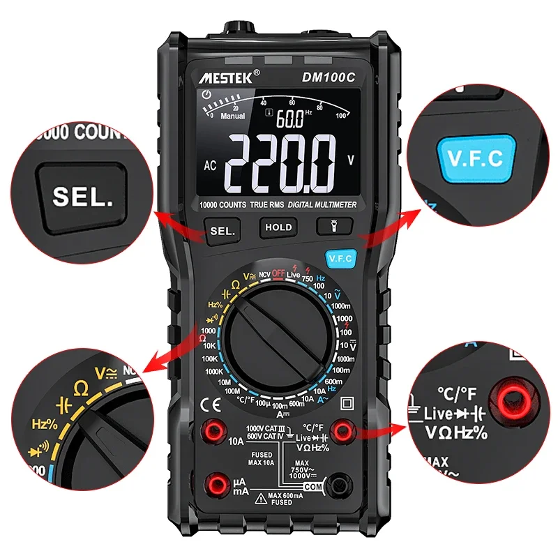 DM100C Smart Digital Multimeter Temperature Tester with AC/DC Voltage Ammeter Current Ohm Auto Range for Multimeters