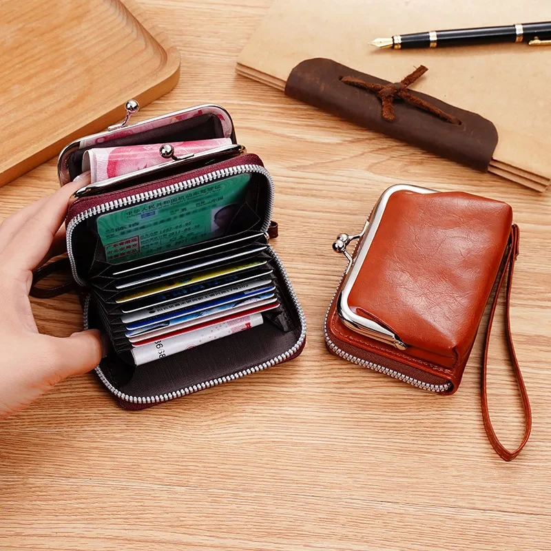 New Women\'s Wallet Wrist Strap Short Retro Style Coin Change Storage Bag Girls Portable Mini Card Holders Zipper Money Clip