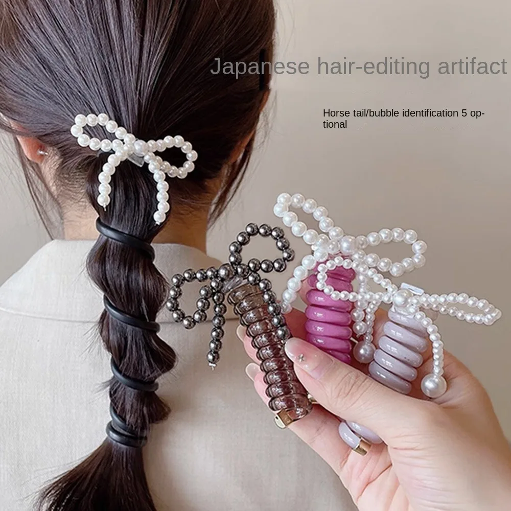 Pearl Bow knot Telephone Line Hair Loop High Elastic Rubber Phone Line Hair Loop Spiral Coil Elastic Bands Bubble Braid Headband