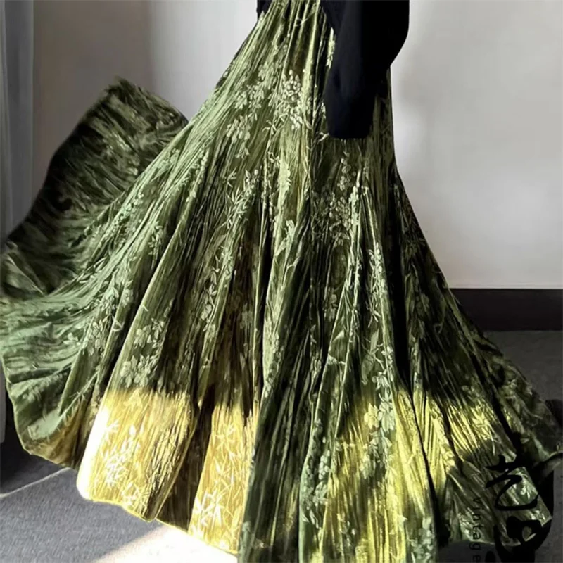 

Retro Women Printing Fish Tail Skirt Autumn Female High Waist Patchwork Gold Velvet Maxi Skirt Lady Fashion Casual Type A Skirts