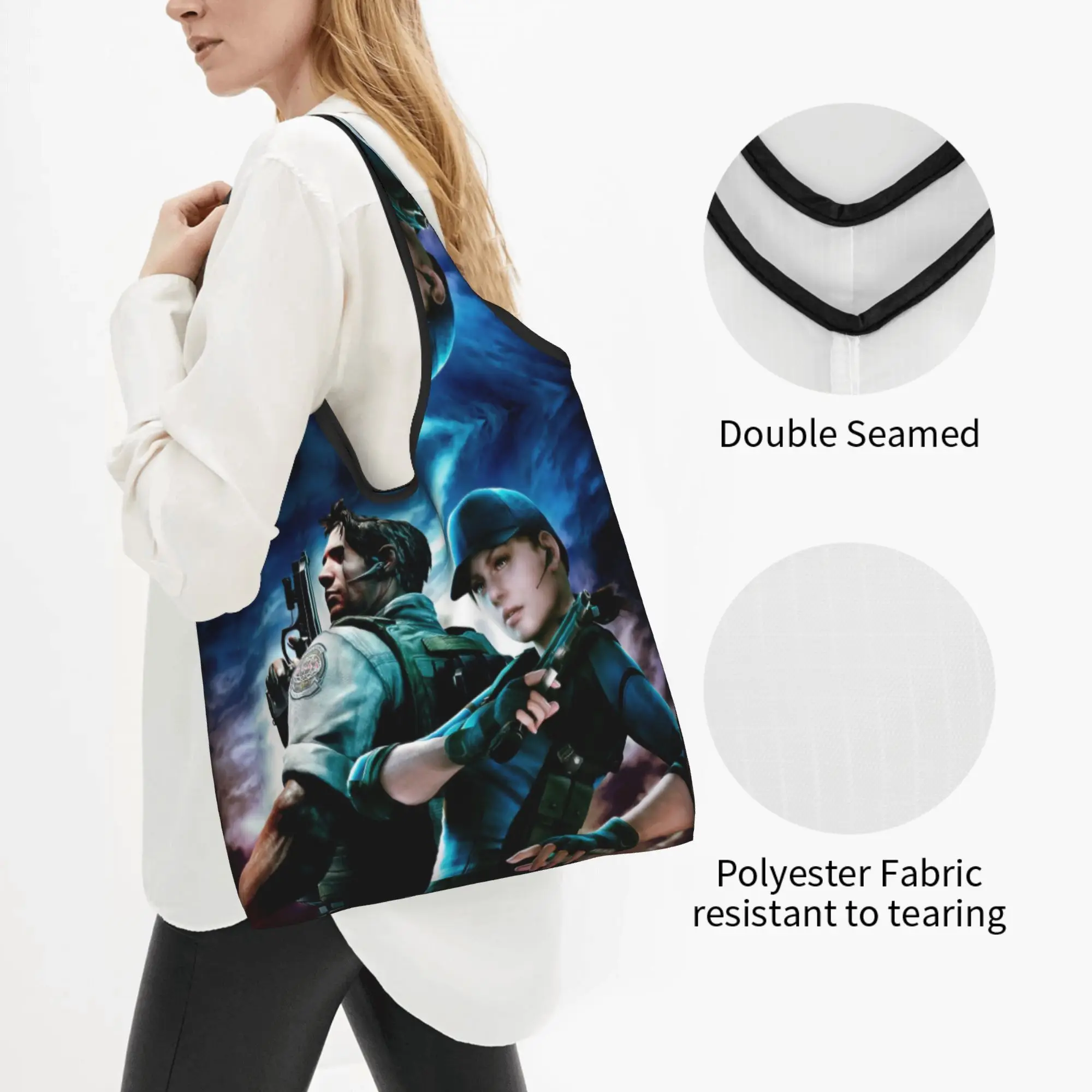 Resident Evil Japan Horror Game  Grocery Shopping Bags Kawaii Shopper Shoulder Tote Bag Large Capacity Portable  Handbag