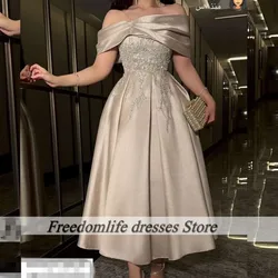 Ankle Length Champagne Evening Dresses Lace Applique Beading Wedding Party Gowns 2024 Arabic Dubai Vestidos De Gala Customized