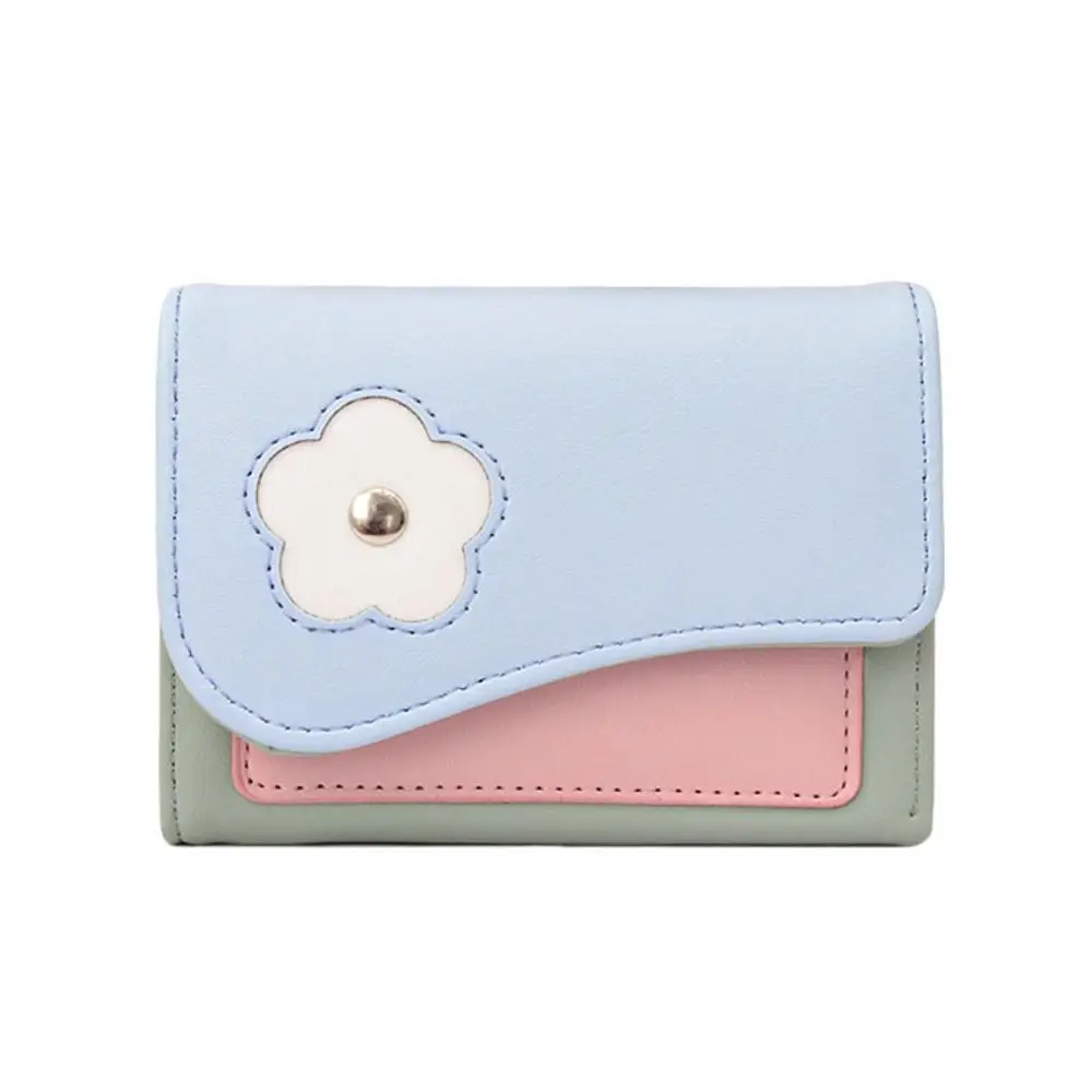 Simple Flower Short Folding Card Bag PU Color Contrast Color-matching Purse Cartoon Causal Trifold Wallet Daily