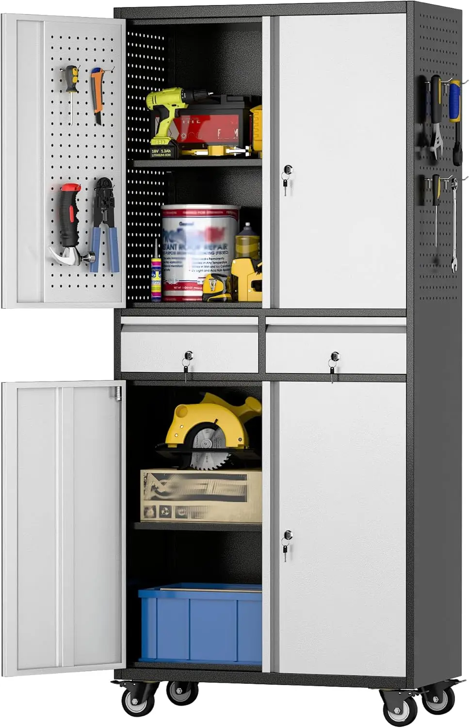 

Garage Storage Cabinet With Wheels, Metal Tool Storage Cabinet With 2 Drawer For Garage Homes Storage,Assembly Required