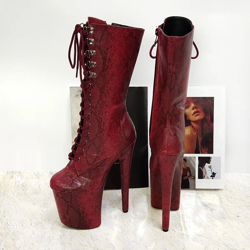 

Wine Red Snake Print Platform Ankle Boots 20cm Exotic Dancer 8Inches Pole Dance Shoes Women Stripper Heels Nightclub Sexy Fetish