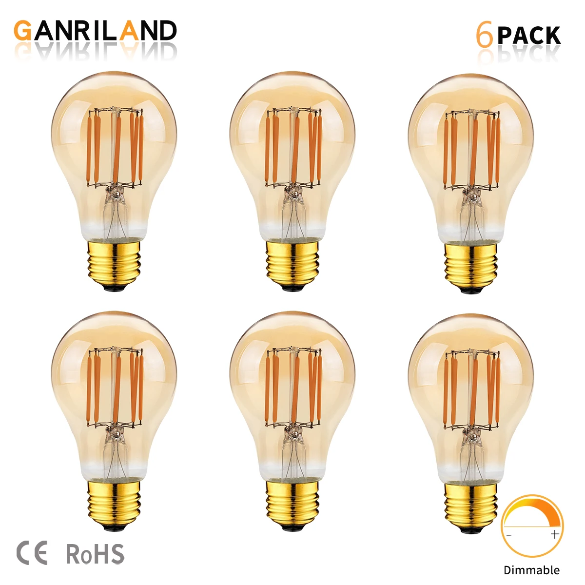 GANRILAND A19 8W E27 Led Filament Dimmable Bulbs Gold Tint Glass Vintage Round Bulb 2200K A60 220V Living Room Lampada For Decor