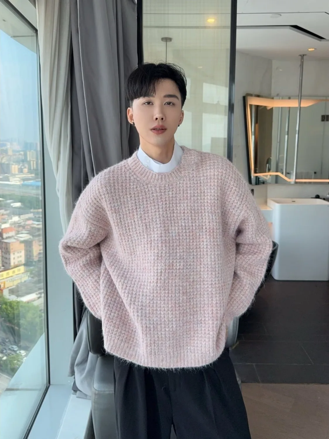 

Мужской свитер свободного кроя с круглым вырезом, повседневная мягкая трикотажная термофутболка для ношения под одеждой, комфортный и теплый