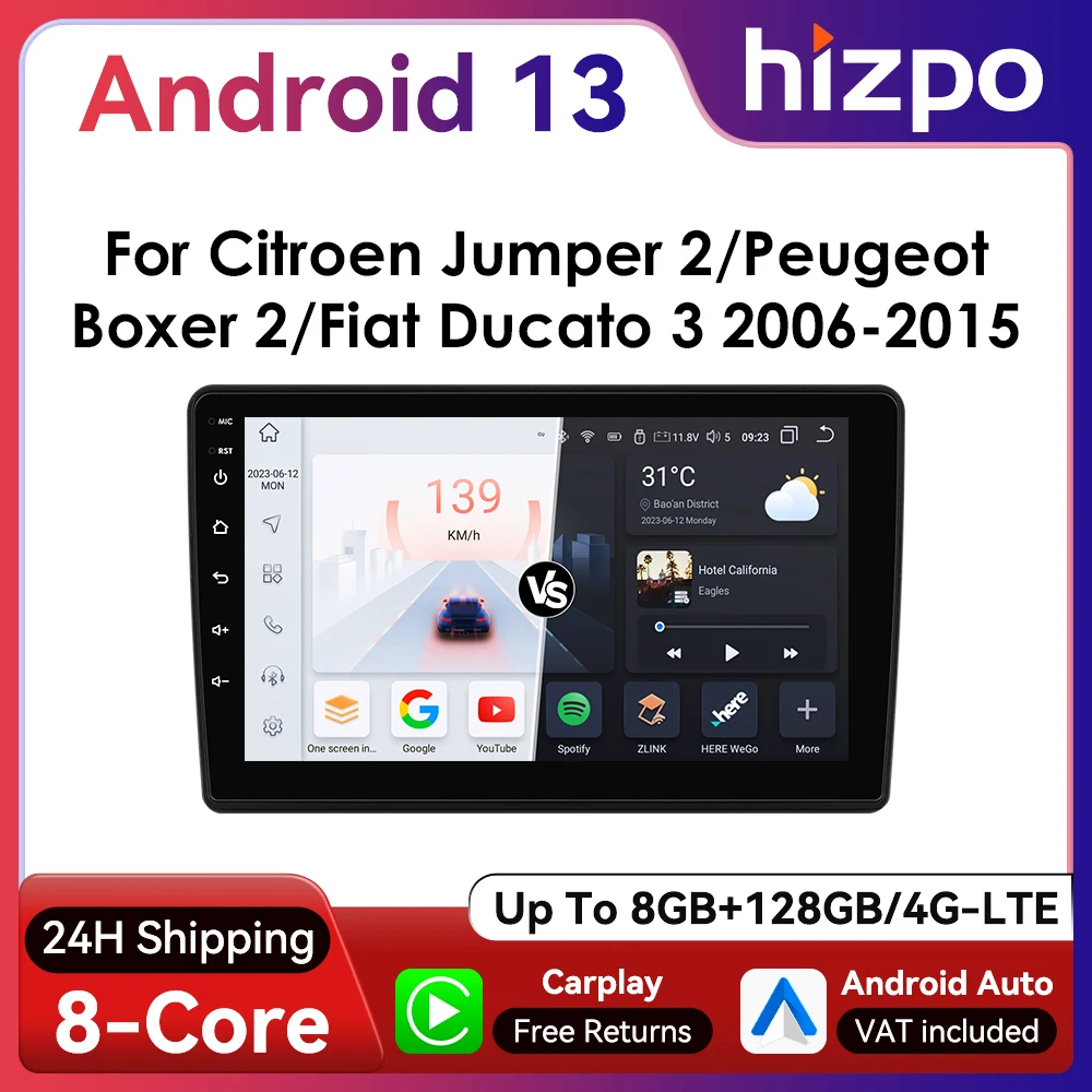 Hizpo 9inch Carplay Android Auto Car Radio for Fiat Ducato Peugeot Boxer Citroen Jumper 4G BT Navigation GPS RDS DSP 2Din Stereo