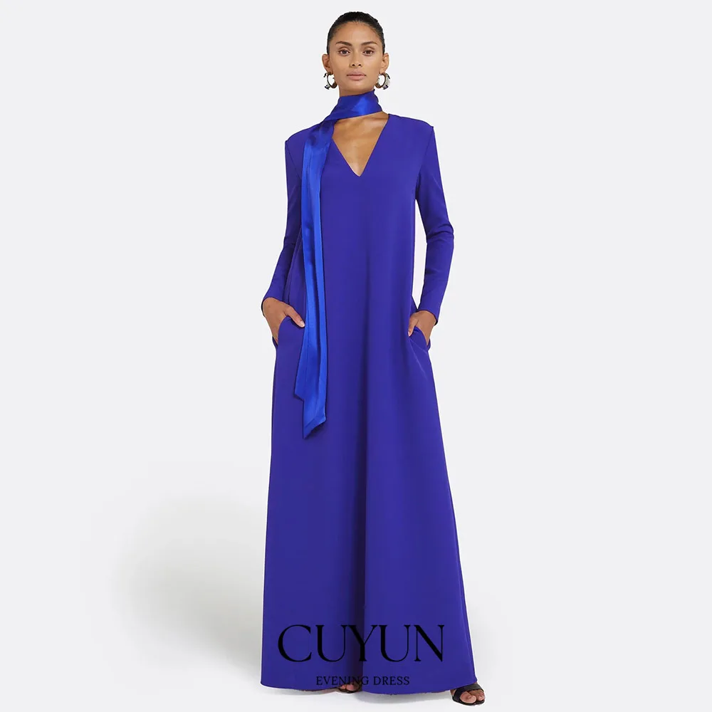 

CUYUN Customized Simple V-Neck Evening Dress A-Line with Pocket and Scarf Long Sleeve Women A Line Floor Length Party Gown