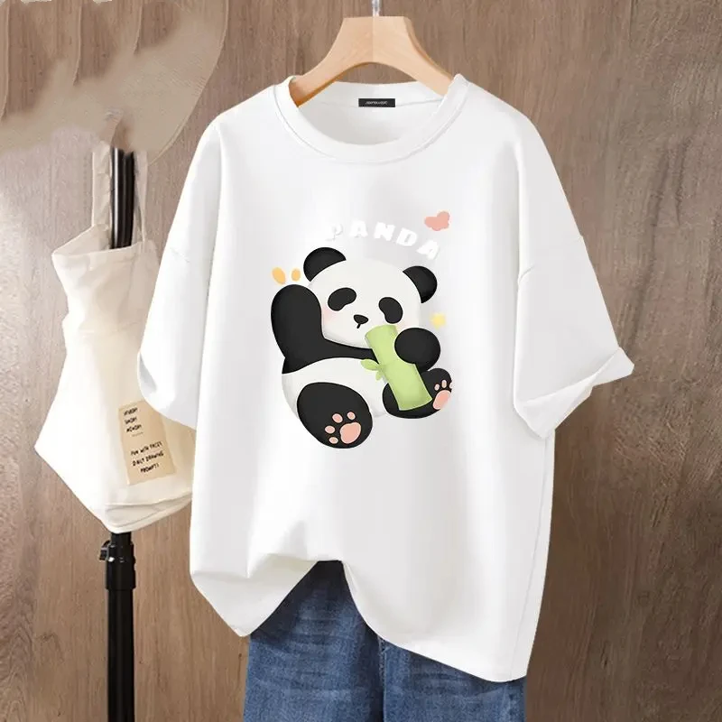 

Women Loose Simple Tops Summer Basics O-neck Pure Cotton Short Sleeve Pullover Lady Lovely Panda Printed Casual Tee Shirt