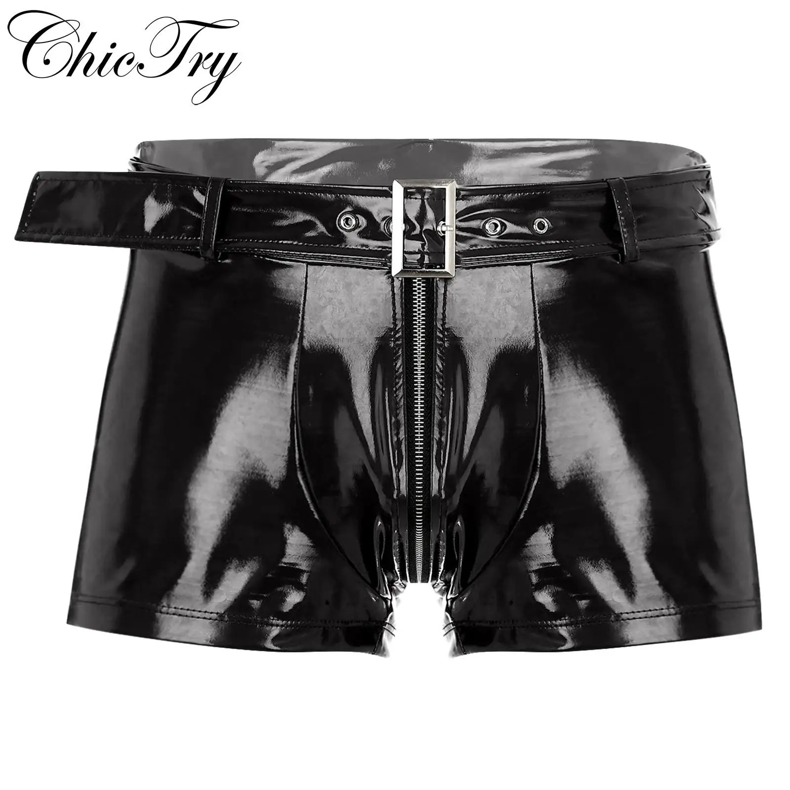 Men's Faux Leather Cargo Shorts Zipper Pockets Middle Tight Pants Workout Gym Boxer Short Pole Dancing Show Hot Pants Nightwear
