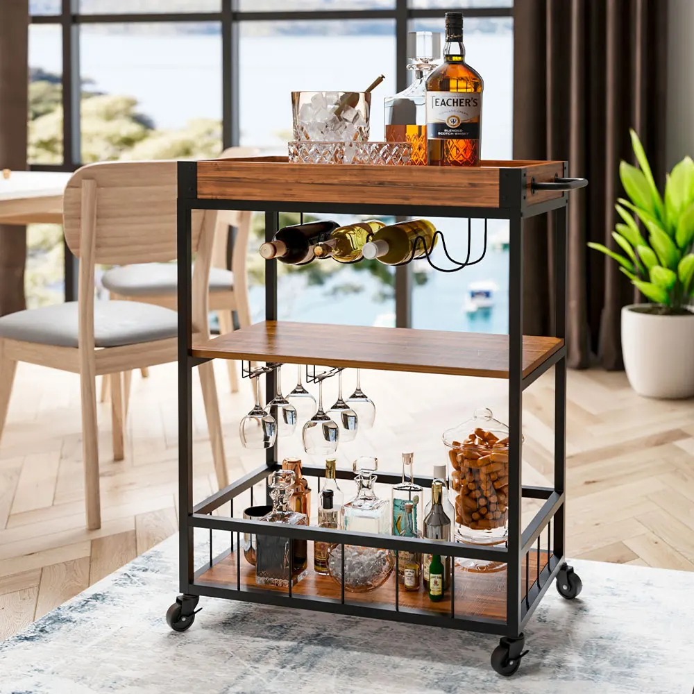 3 Tier Kitchen Storage Trolley Cart with Wine Rack Glass Hanger