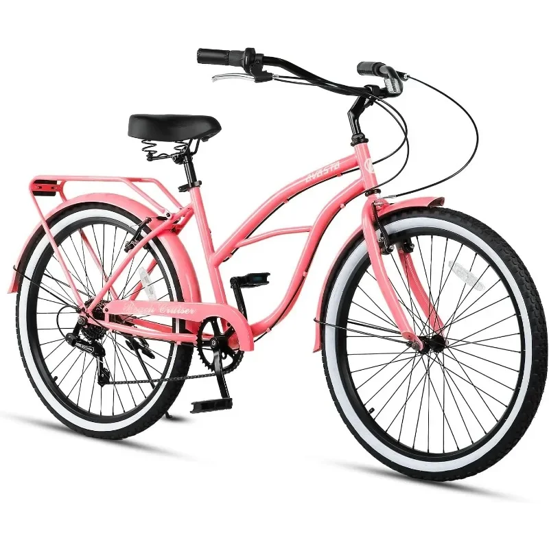 

Cruiser Bike with 7-Speed，Dual V-Brakes, Comfortable Saddle Carbon Steel Frame Bicycle