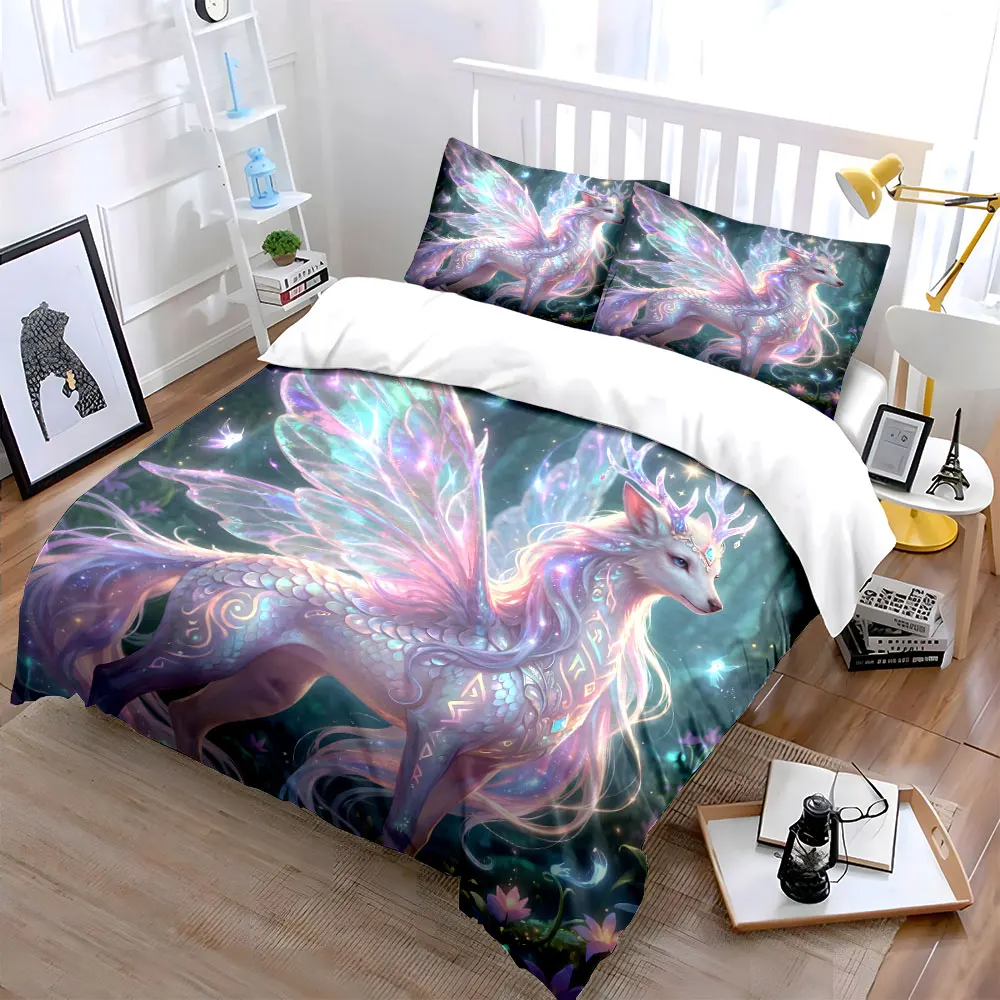 Enchanted Mystic Unicorn Deer Bedding Set for Kids Luxury Gift 3pcs Digital Print Comforter Set Soft Comfortable Breathable