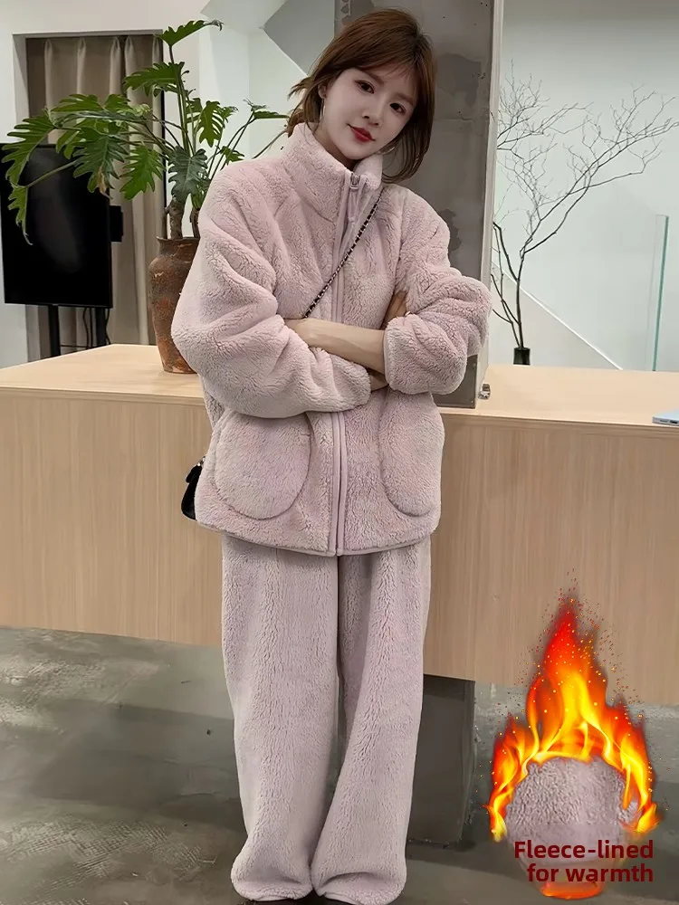 

Casual Loose Fce Lined Cotton Jaet Wide Leg Pants Two Piece Set Women's Faion Winter Warm Ensemble High Waist Zipper