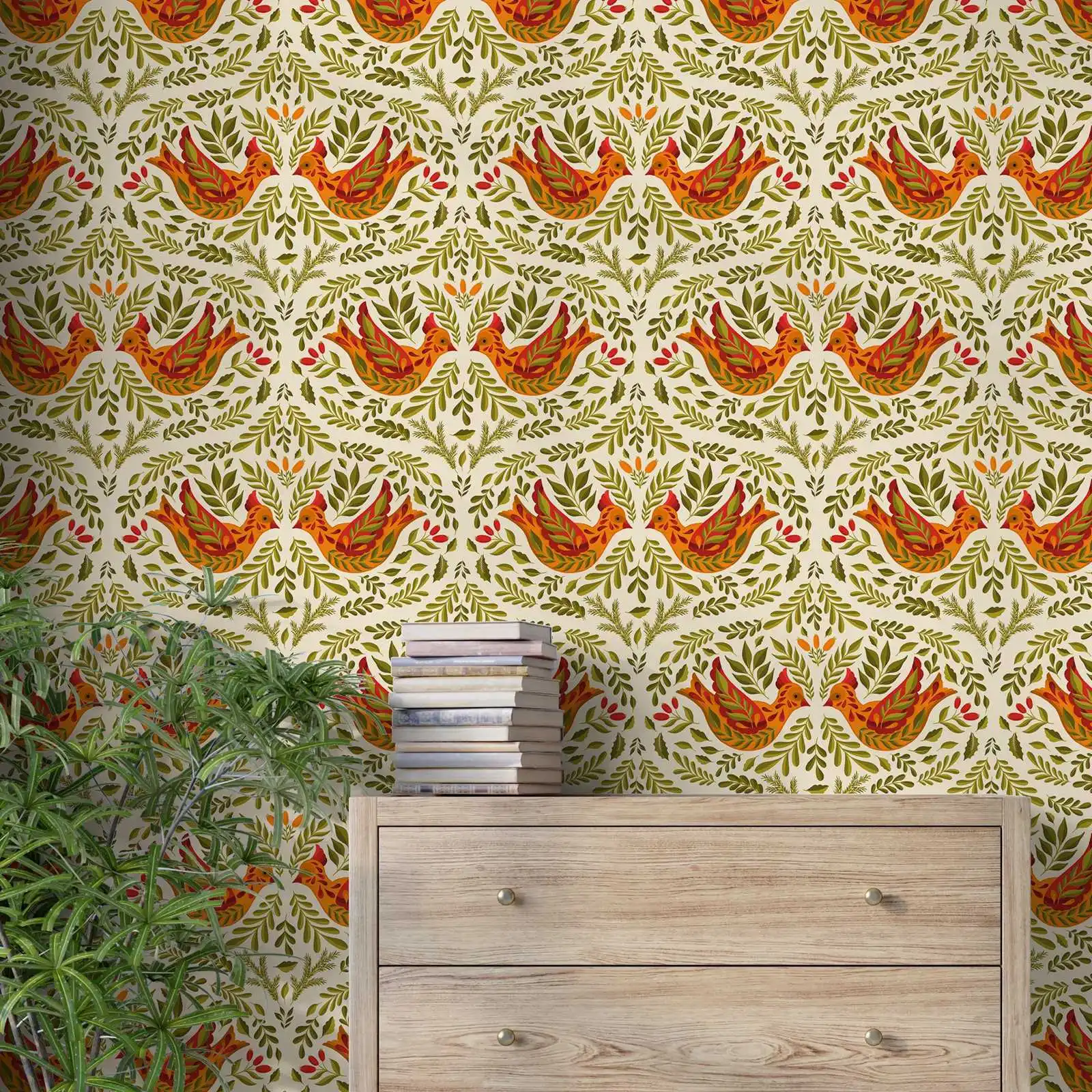 

Folk Bird Wallpaper Peel and Stick,Boho Botanical Wall Paper For Home Decor,Hand Drawn Vintage Wall Mural Rolls, Or Traditional